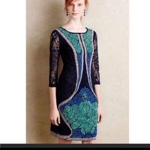 Ranna Gill Anthropologie Embroidered Floral Lace Boho Blue Midi Dress